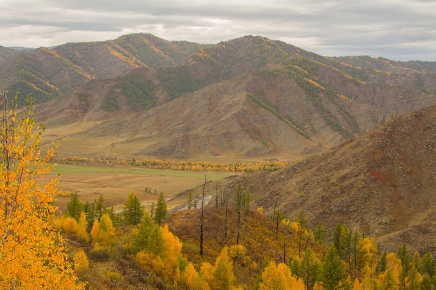 Фото Осенний горный пейзаж. осень в горах горного алтая. путешествие на алтай.