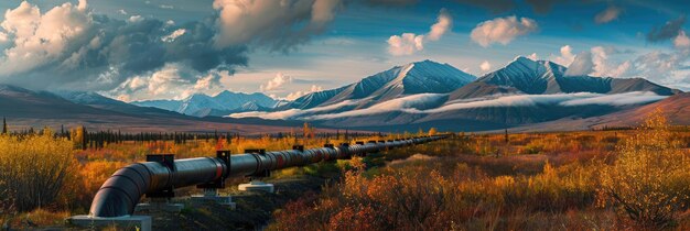 Autumn mountain landscape with trans alaska pipeline in view set against a variegated sky