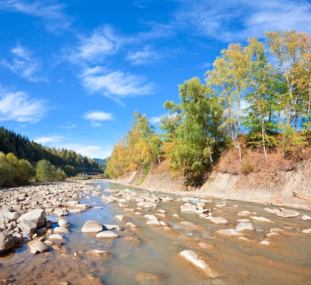 Foto vista del fiume pietroso della montagna di autunno con gli alberi variopinti sulla riva del fiume. due colpi punto immagine.