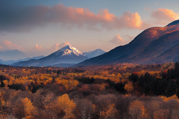 Autumn mountain valley with orange rocky surface under blue sky with clouds 3d illustration