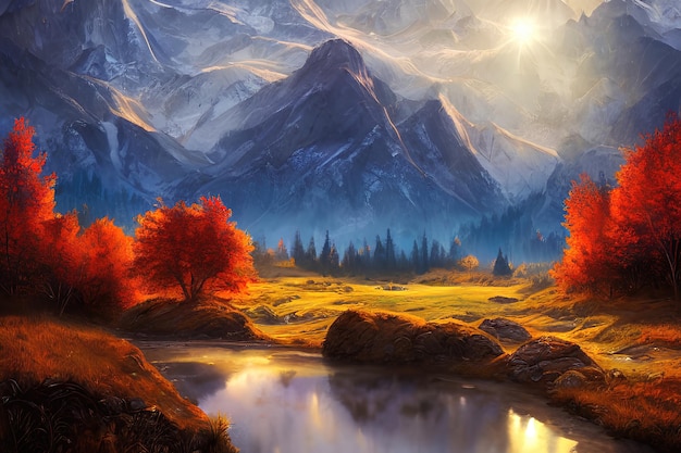 Autumn in the mountains color illustration