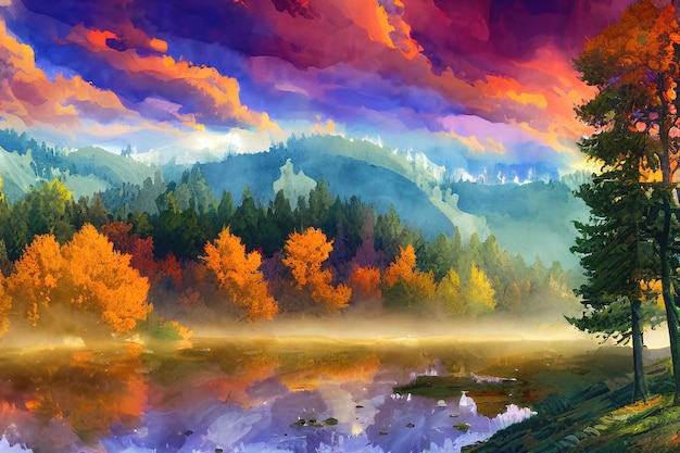 Autumn in the mountains color illustration