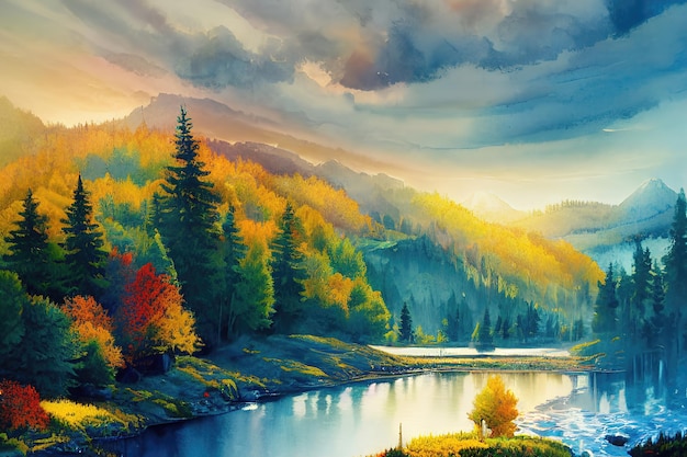 Autumn in the mountains color illustration