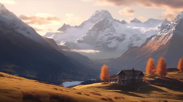 Autumn mountains at sunrise in Switzerland