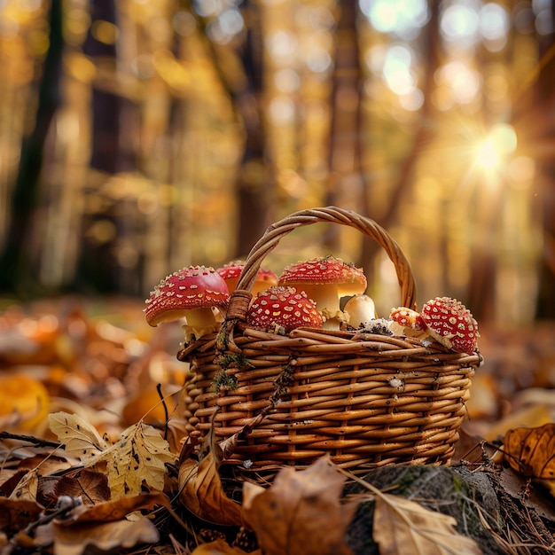 Autumn Mushroom Foraging Basket in Forest Scene