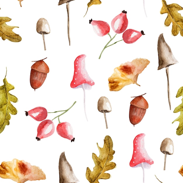 Autumn natural elements watercolor seamless pattern