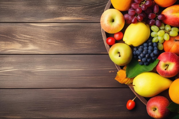 Autumn nature concept Fall fruit and vegetables on wooden background