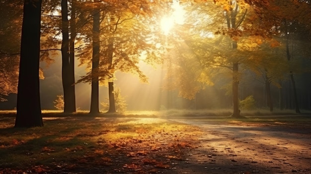 朝の日差しの中でカラフルな森の秋の自然風景