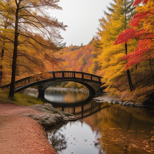 Autumn nature landscape lake bridge in fall forest path way in gold woods romantic view image scene magic misty sunset pond red color tree leaf park