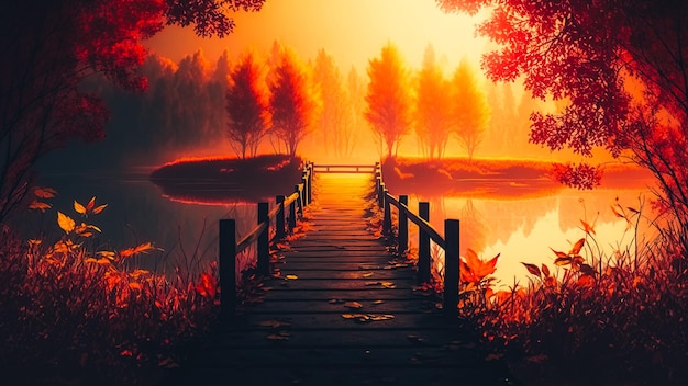 Autumn nature landscape Lake bridge in fall forest