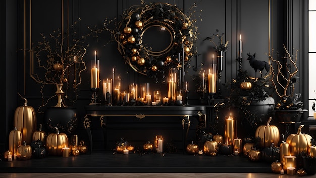 Photo autumn night festive halloween decor with glowing candlelight and spooky pumpkins