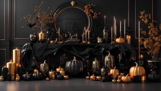 Photo autumn night festive halloween decor with glowing candlelight and spooky pumpkins