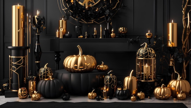 Photo autumn night festive halloween decor with glowing candlelight and spooky pumpkins