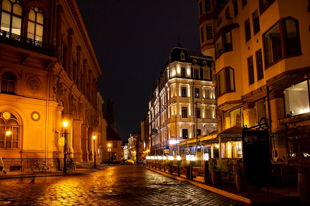 Autumn night street in Old Riga Latvia