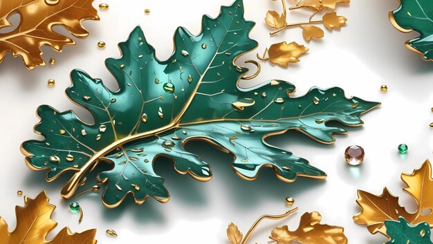 Photo autumn oak leaf on a white background 3d render vector with golden and cristel dewdrops