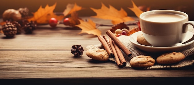 Фото Осенний или зимний сезон, концепция домашнего комфорта с чайным печеньем и уютным свитером на деревянном столе