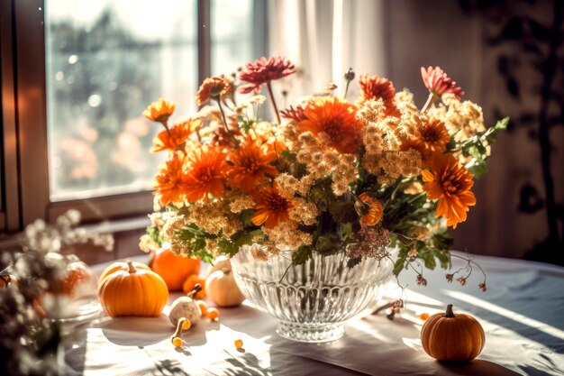 写真 窓の近くのテーブルの上にある花瓶の中の秋のオレンジの花スカンジナビアのインテリア