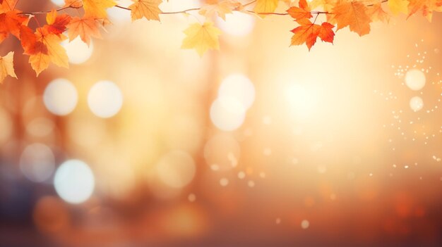 Autumn orange leaves over blurred sky autumn nature background with bokeh