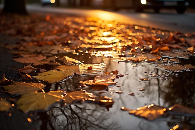 水たまりにある秋のオレンジの葉