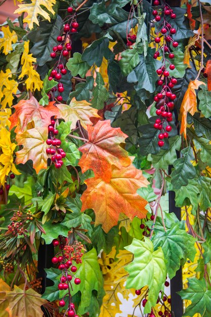 Autumn outdoor artificial decorations after rain Colorful maple leavesflowers and hawthorn berries at a sunny Indian summer day