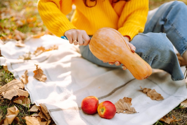 Autumn outdoor picnic at the park concept with a plaid blanket picnic pumpkin and fruits