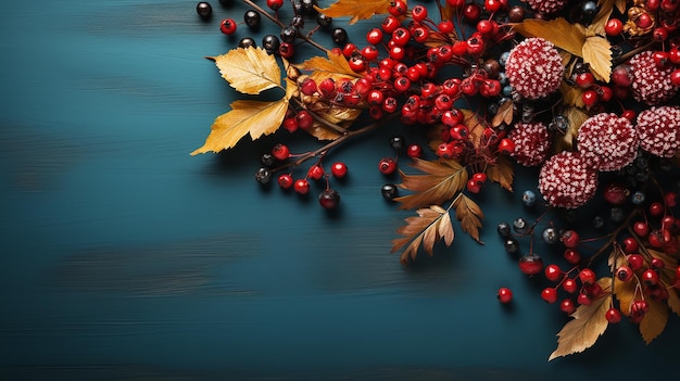 Autumn Palette Top View of Leaves and Berries on a Turquoise Table