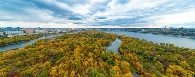 Autumn panorama of Kiev with a view of the Dnieper.