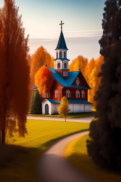 Autumn panorama of the Orthodox Church Russian village