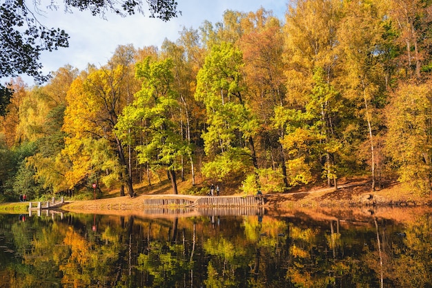 Autumn Park Mooie herfst landschap met rode bomen door het meer Tsaritsyno, Moskou