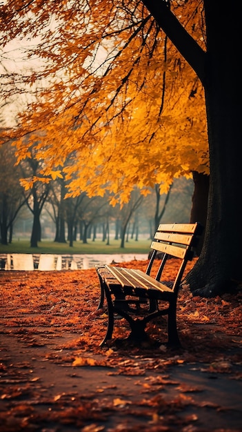 Autumn Park Scene Bench under Tree with Fallen Leaves