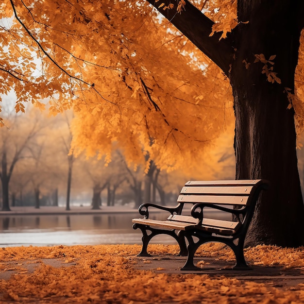 Autumn Park Scene Bench under Tree with Fallen Leaves