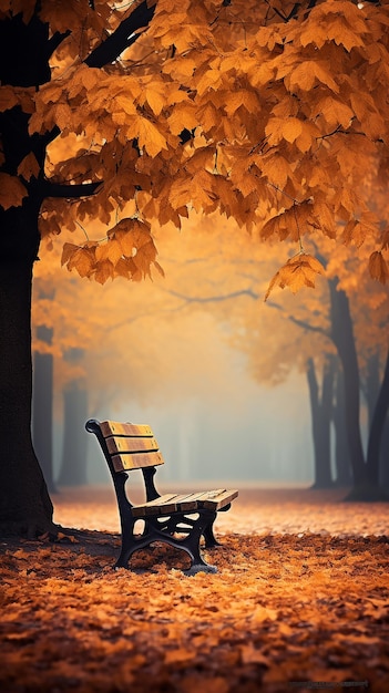 Autumn Park Scene Bench under Tree with Fallen Leaves