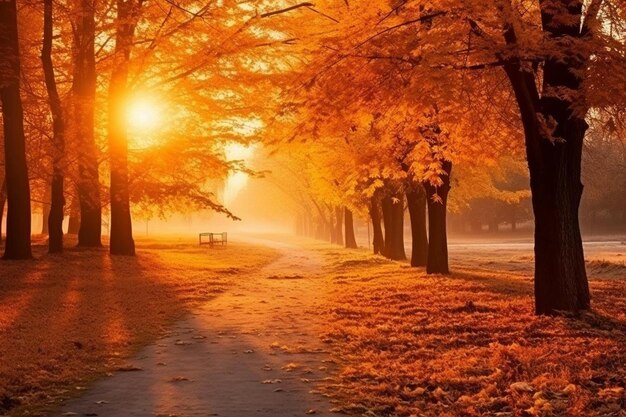 Photo autumn park with a bench and trees in the background