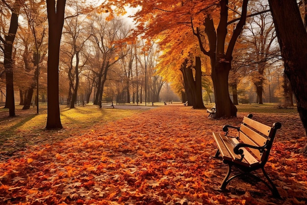 Autumn park with benches Generative AI