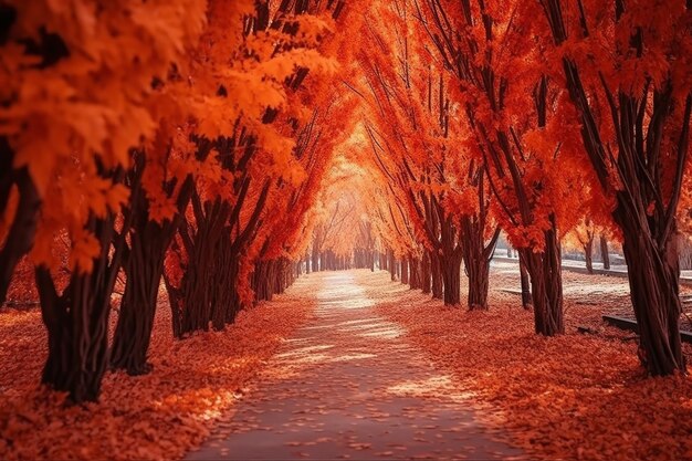 Autumn park with orange red trees and path natural seasonal hipster background