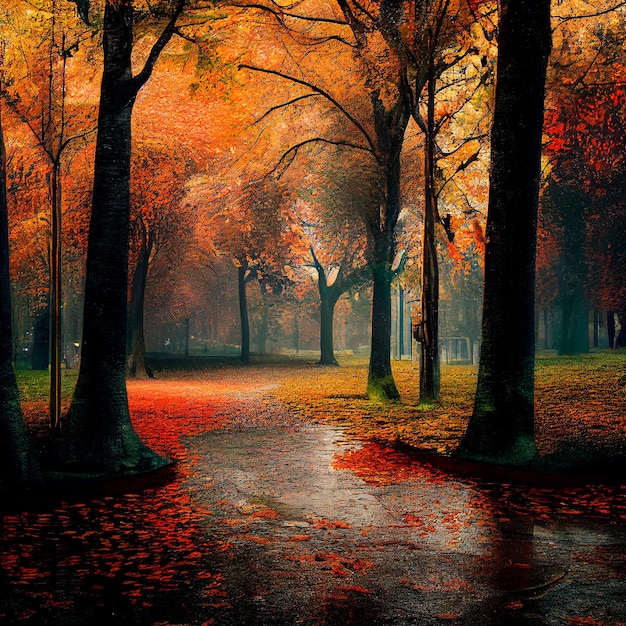 Осенний парк с оранжевой и желтой листвой