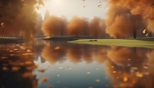 Autumn Park With Pond Background AI Generated