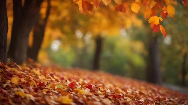 Autumn park with yellow and red leaves shallow depth of field