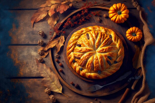Осенний тыквенный пирог с корицей на деревянном столе