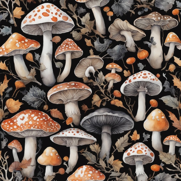 autumn pattern with mushrooms on a black background