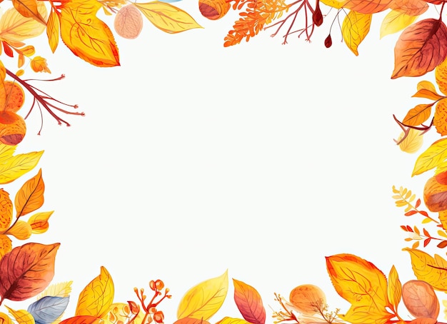 Autumn photo frame on a white background with yellow orange and red leaves perfect for adding text by generative AI