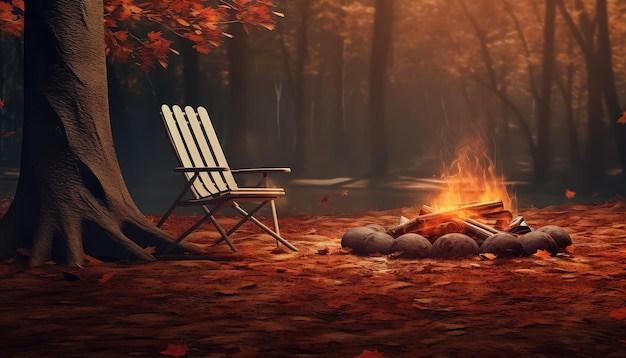 Autumn picnic in the forest by the campfire