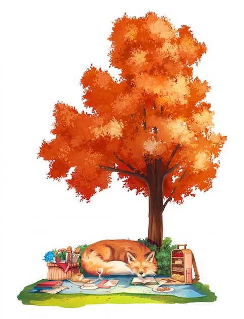 Autumn picnic with red fox 