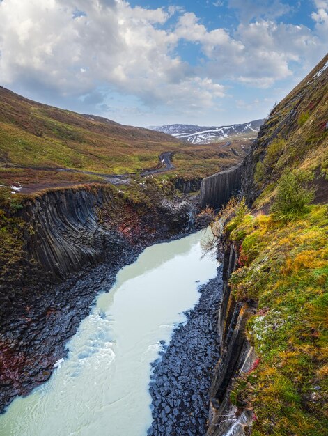 秋の絵のように美しいスタッドラギル キャニオンは、アイスランド東部のヨークルダルールにある峡谷です。有名な柱状の玄武岩の岩層とヨクラ川が流れています。