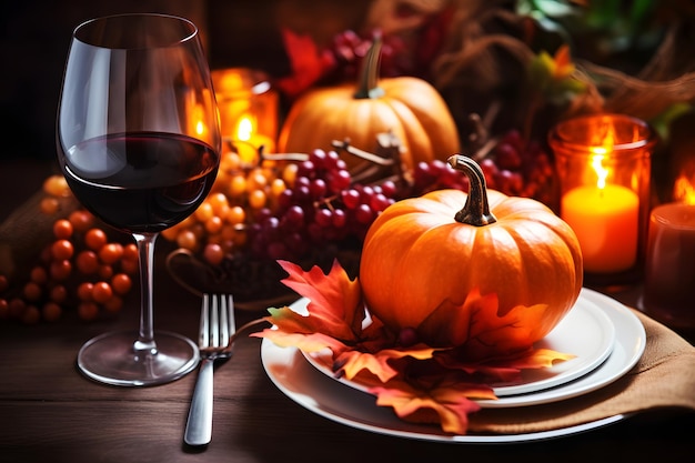 Autumn place setting with fall leaves napkin and pumpkins Thanksgiving autumn place setting with c