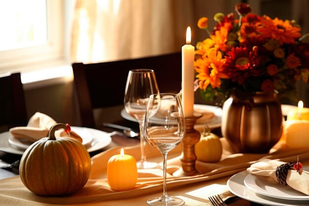 Autumn place setting with fall leaves and pumpkins for fall home decoration Thanksgiving Day celebration with cutlery and arrangement decor of fall candles and flowers generated AI