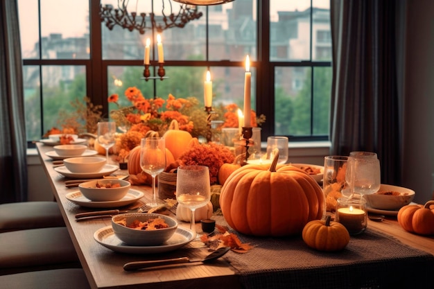 Autumn place setting with fall leaves and pumpkins for fall home decoration Thanksgiving Day celebration with cutlery and arrangement decor of fall candles and flowers generated AI