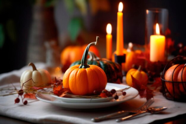 Autumn place setting with fall leaves and pumpkins for fall home decoration thanksgiving day celebration with cutlery and arrangement decor of fall candles and flowers generated ai