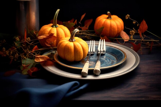 Autumn place setting with fall leaves and pumpkins for fall home decoration Thanksgiving Day celebration with cutlery and arrangement decor of fall candles and flowers generated AI