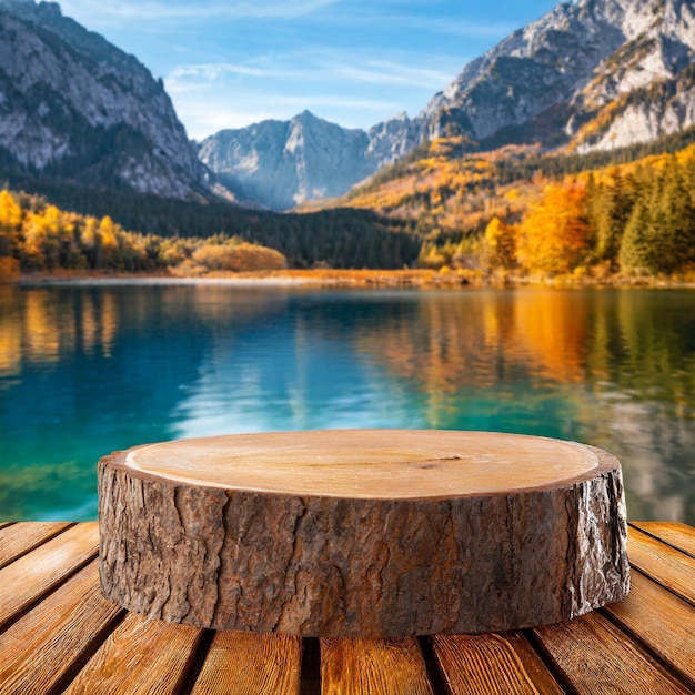 autumn podium table top against the background of a beautiful mountain lake